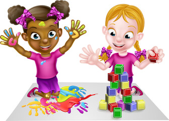 Cartoon Girls Playing with Paint and Blocks