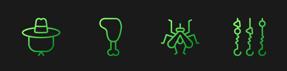 Set line Mosquito, Camping hat, Chicken leg and Grilled shish kebab on skewer. Gradient color icons. Vector