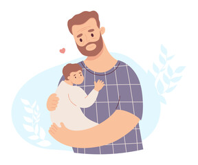Happy family father with newborn. Cute adult man with baby in her arms. Vector illustration in flat style. parent, parenthood, fathers day concept