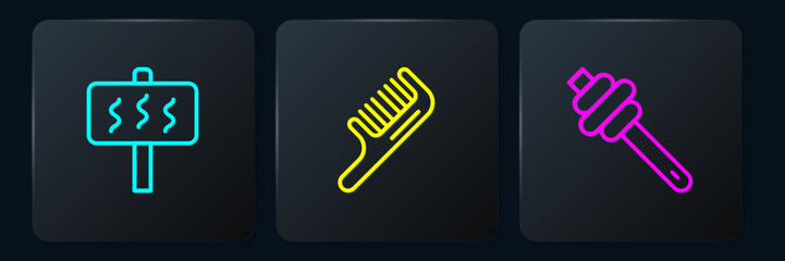 Set line Sauna, Honey dipper stick and Hairbrush. Black square button. Vector