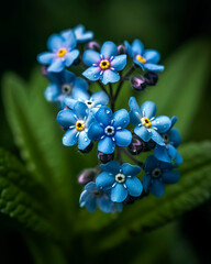 Close-up of a cluster of vibrant blue forget-me-not flowers, their delicate petals and tiny yellow centers creating a captivating, intricate pattern, set against a soft blurred background.