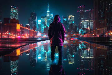 Fototapeta premium Illustration of a man silhouetted against a vibrant cityscape at night, featuring skyscrapers and neon lights. Ai generated