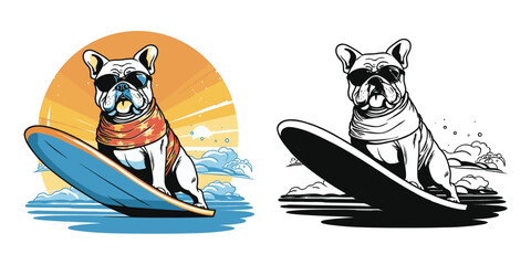 A beach loving bulldog catching some waves on a surfboard.Illustration of T-shirt design graphic.