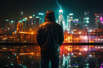 Fototapeta premium Illustration of a man silhouetted against a vibrant cityscape at night, featuring skyscrapers and neon lights. Ai generated