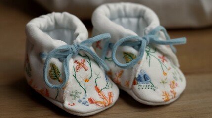A pair of baby booties with intricate sea creatures embroidery Generative AI