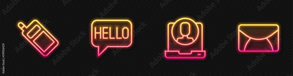 Poster set line telephone 24 hours support, mobile, hello in different languages and mail and e-mail. glowi