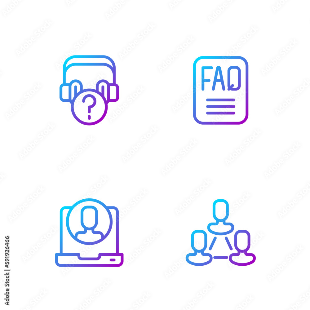 Poster set line employee hierarchy, telephone 24 hours support, headphones with question and faq informatio