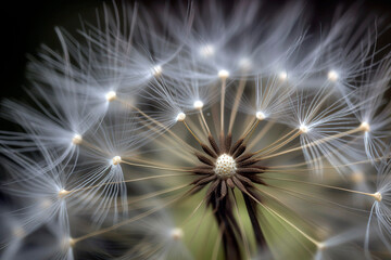 Close-up of a dandelion seed head, the intricate, delicate structure of the seeds poised to disperse on a gentle spring breeze.