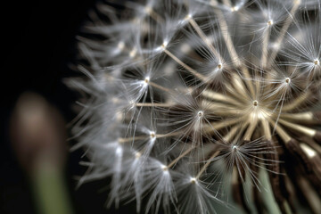 Close-up of a dandelion seed head, the intricate, delicate structure of the seeds poised to disperse on a gentle spring breeze.
