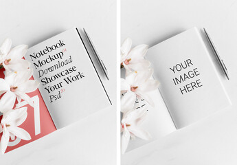 Notebook with Flowers Mockup