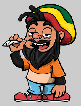 Cartoon illustration of dreadlocks men wearing casual outfit and beanie hat with rastafarian flag colors while smoking marijuana. Best for mascot, logo, and sticker with reggae music themes