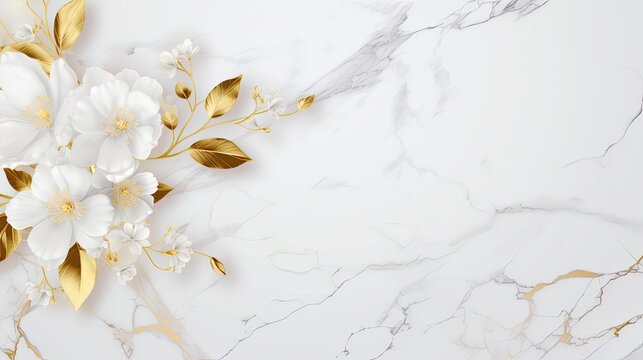 White gold flowers and leaves on white marble texture. Background for exclusive spaces, wedding, card, celebration, invitation, presentation, fashion, cosmetics, jewel design. Generative AI.