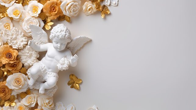 Statue of a white cherub with golden luxury accessories. Flowers, leaves in a jewelry design. Sculpture. Generative AI.