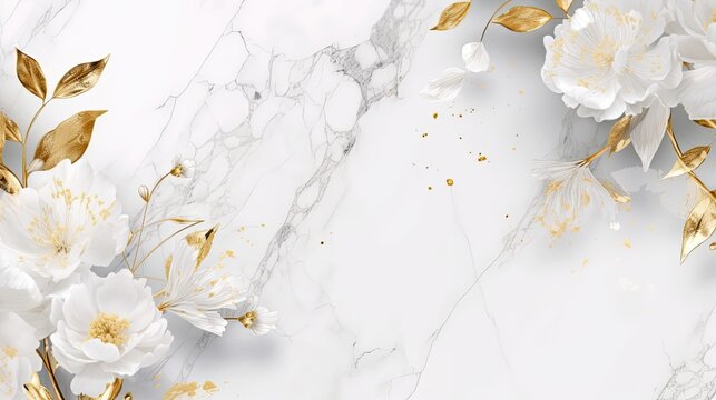 White gold flowers and leaves on marble plate. Luxury abstract background for exclusive spaces, wedding, card, celebration, invitation, presentation, fashion, cosmetics, jewel design. Generative AI.