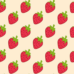 Strawberry with leaf on yellow background. Seamless summer pattern. Suitable for packaging, menu design.	