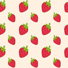 Seamless illustration. Pattern with sweet red strawberry with a stem on light background. Healthy vegetarian food
