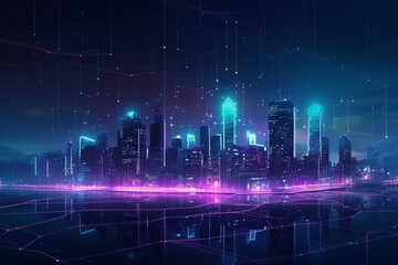 Obraz na płótnie Canvas Futuristic city skyline with connected lines and dots, representing a city that is heavily focused on communication and connectivity. Ai generated