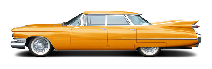 Large American retro sedan in yellow color isolated on white background.