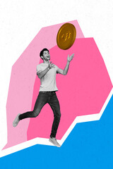 Vertical collage picture of excited black white colors mini guy arms catch big money coin isolated on painted background