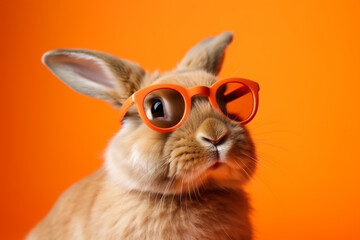 Fototapeta premium Cool rabbit wearing sunglasses and posing with a funny face against a vibrant and colorful backdrop, representing the humor and playfulness of the animal kingdom. Ai generated