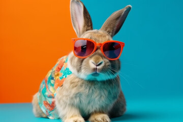 Cool rabbit wearing sunglasses and posing with a funny face against a vibrant and colorful backdrop, representing the humor and playfulness of the animal kingdom. Ai generated