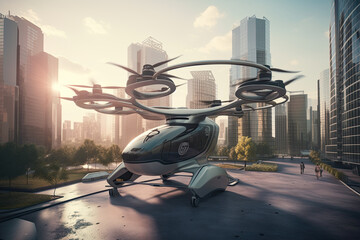 Future of urban air mobility taxi flying over the city. Generative AI
