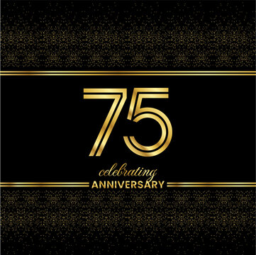 75 Golden Double Line Number.&nbsp;Anniversary invitation cover with glitter separated by golden double lines on a black background
