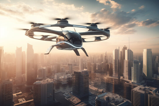 Future of urban air mobility taxi flying over the city. Generative AI