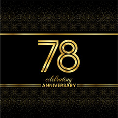 78 Golden Double Line Number. Anniversary invitation cover with glitter separated by golden double lines on a black background