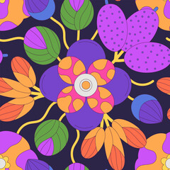 Seamless floral pattern of colorful abstract flowers with black stroke. Flat style. Surface design for fabric, wallpaper, wrapping paper, covers. Blue, yellow, purple, dark colors. Vector illustration