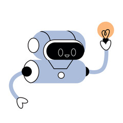 Robot with cute screen faces and light bulb. Futuristic smart assistants at work or education. AI technology. Human-like machines with artificial intelligence. Isolated flat vector illustration