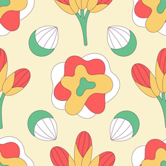 Seamless floral pattern of colorful abstract flowers with black stroke. Flat style. Surface design for fabric, wallpaper, wrapping paper, covers. White, yellow, green, red colors. Vector illustration