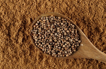 Coriander ground pile and grains in wooden spoon, background and texture, top view 