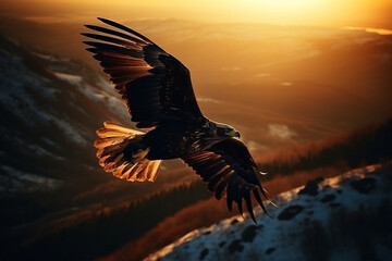 Fototapeta na wymiar Eagle soaring with its wings spread wide against a warm sunset on the horizon, representing the freedom and greatness of the animal kingdom. Ai generated