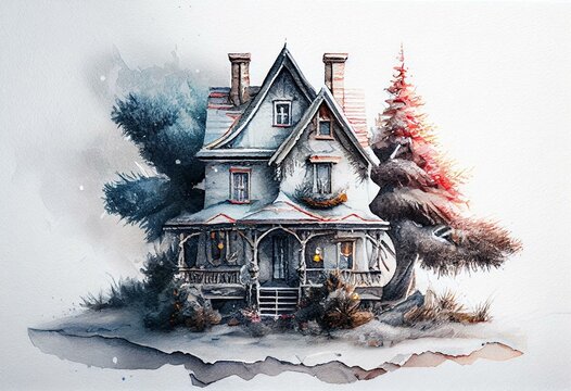 Watercolor house with christmas tree. Generative AI