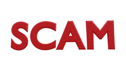 Text "SCAM" with blocky red capital letters. 3d rendering.