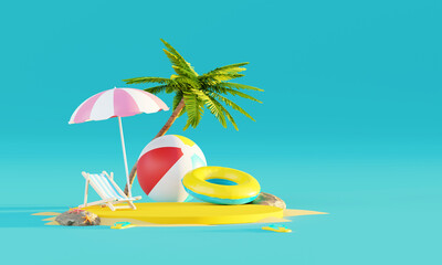 Fototapeta na wymiar Summer vacation beach abstract background concept, Minimal Realistic Display Podium for Product mock-up or Cosmetics with summer theme, beach umbrella, sand, chairs, inflatable ring. 3d rendering