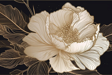 An elegant and luxurious illustration featuring a background with gold flowers made of thin golden lines on a dark background, creating a delicate floral texture. Ai generated