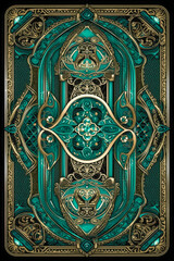 Ornamental fantasy card deck back design with gems and gold filigree made with Generative AI