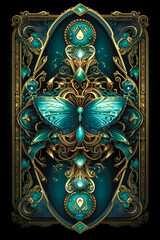 Ornamental fantasy card deck back design with gems and gold filigree made with Generative AI