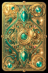 Ornamental fantasy card deck back design with gems and gold filigree made with Generative AI