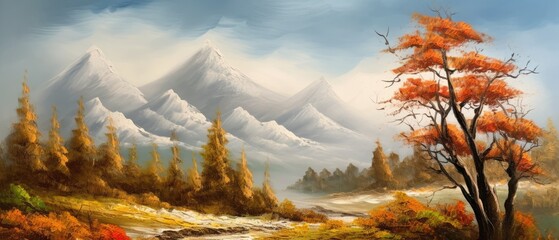 Mountainous woodlands with autumn pine trees, forest glade with grassy patches and dreamy cloud cover, beautiful vast unspoiled fall landscape - generative AI