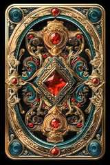 Ornamental fantasy card deck back design with gems and gold filigree made with Generative AI