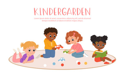 Kids play toys and games together in kindergarden. Cartoon playroom with children.