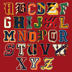 Varsity collegiate athletic letters font alphabet patches vintage vector artwork for sport print and embroidery collection - 591929645