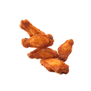 3d Fried chicken wings in motion, falling chicken wings for promo, chicken wings flying in the air, realistic, photo realistic 