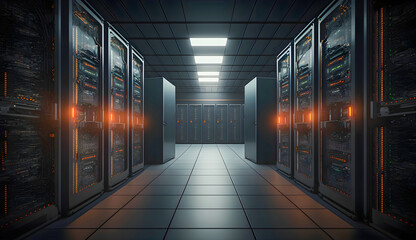 Network and internet communication technology in data center server room interior, Generative AI