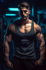 Fototapeta na wymiar Generative ai handsome fitness male model bodybuilder posing indoors gym