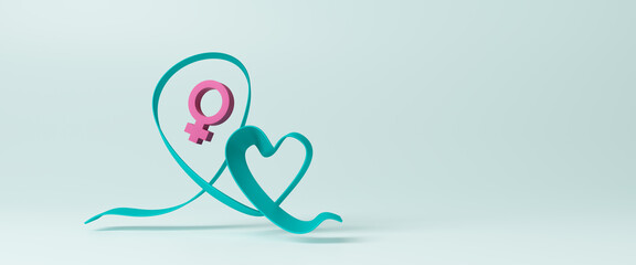 3D Ovarian cancer awareness ribbon poster design. Ovarian cancer and gynecological disorders concept, female reproductive system , woman health, PCOS, hormone replacement. 3d rendering illustration