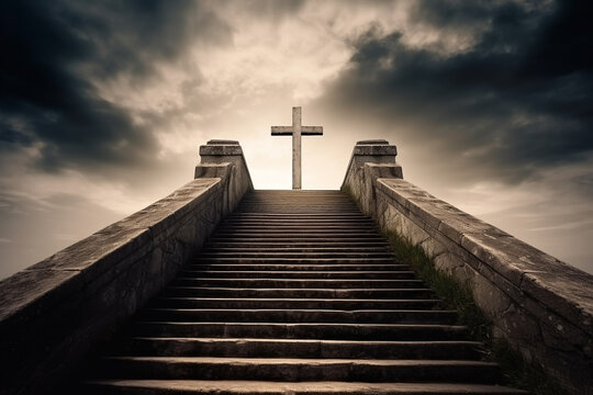 The gates of heaven, with a grand staircase leading up to an arch with a Christian cross and rays of light shining down from above.Ai generated
